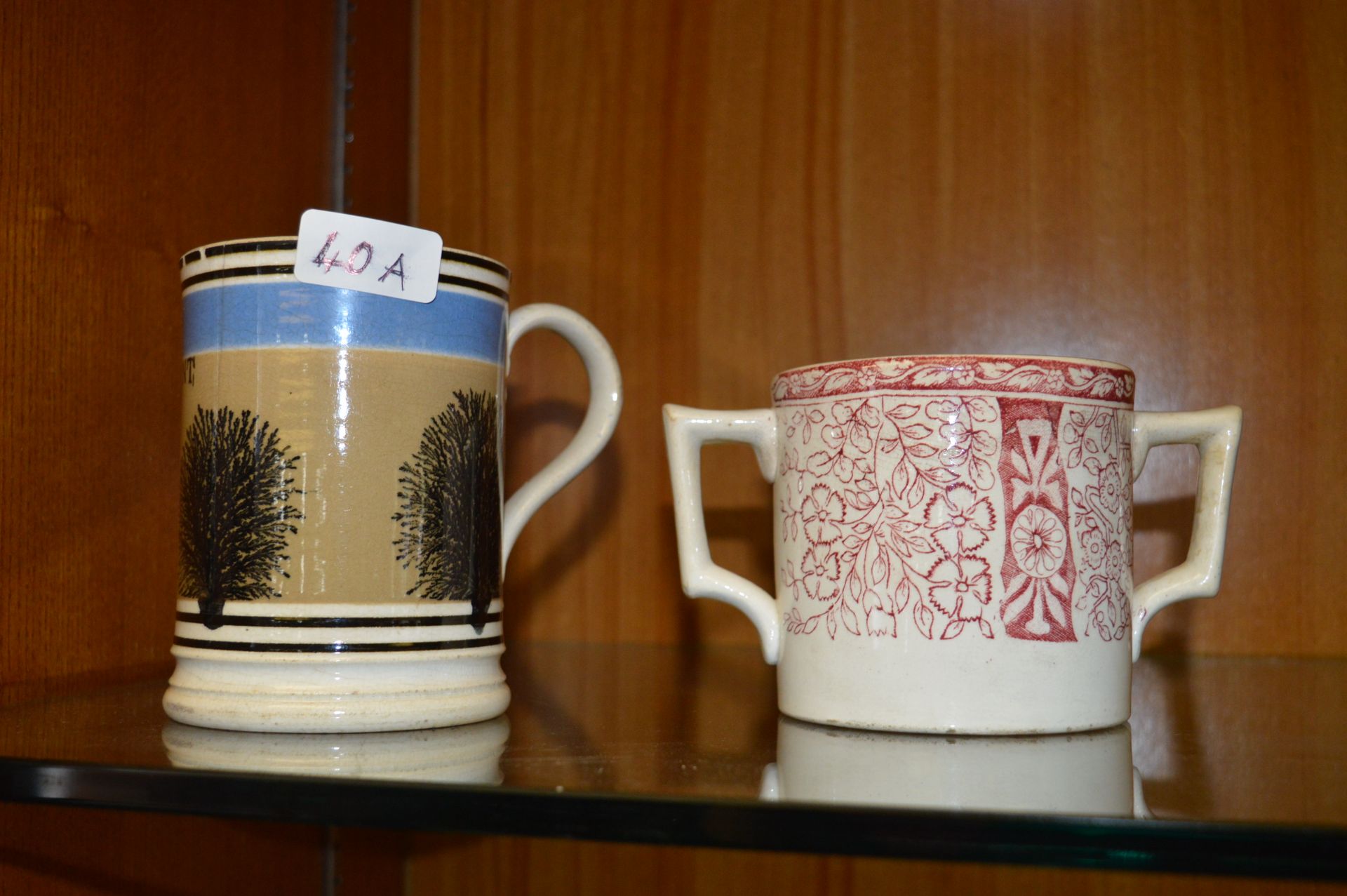 Early 19th Century Mocha Ware Mug and Red & White Twin Handle Mug
