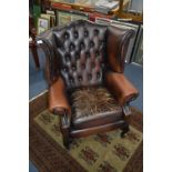 Brown Leather Highback Winged Armchair