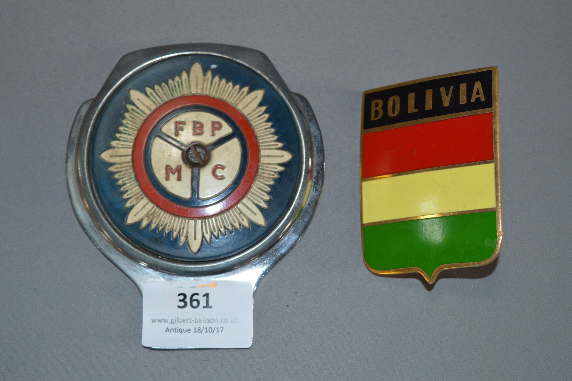 2 Car Badges - FBP Motor Club & Bolivia