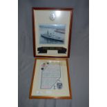 Framed Photo, Cap Sash & Framed Document Relating to HMS Iron Duke