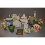 Lusterware Teapot, Jugs, Vases, Brass Plaque etc