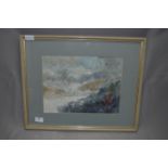 Framed Oriental Watercolour Depicting Birds Flying over Lake Signed Hoe