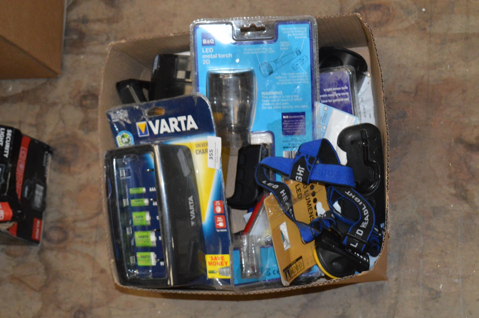 *Box Containing Assorted Head Lamp Torches, Battery Charger etc