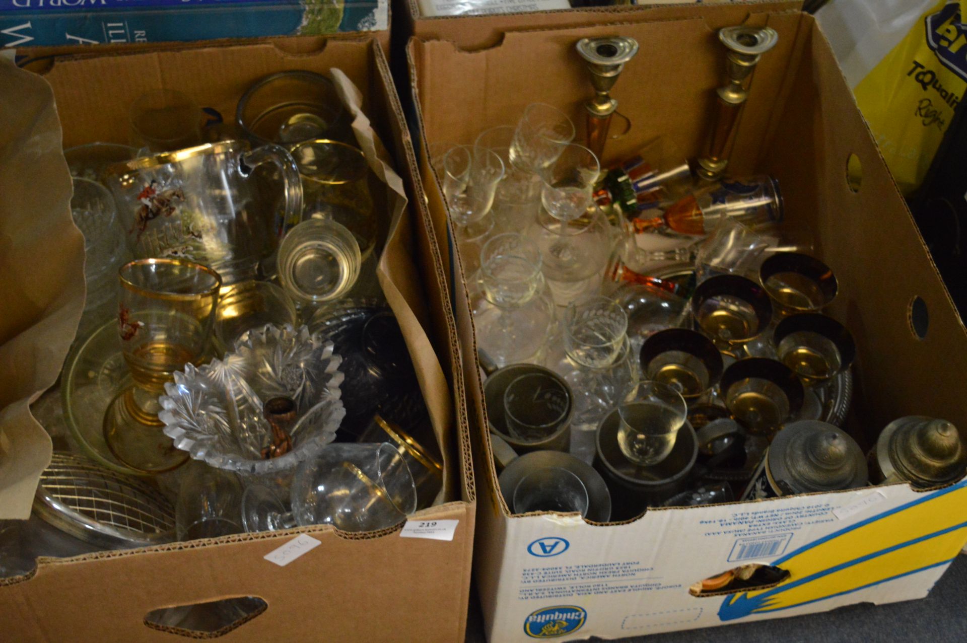 Two Boxes of Glassware, Jugs, Fruit Sets, Stein Mugs, etc.