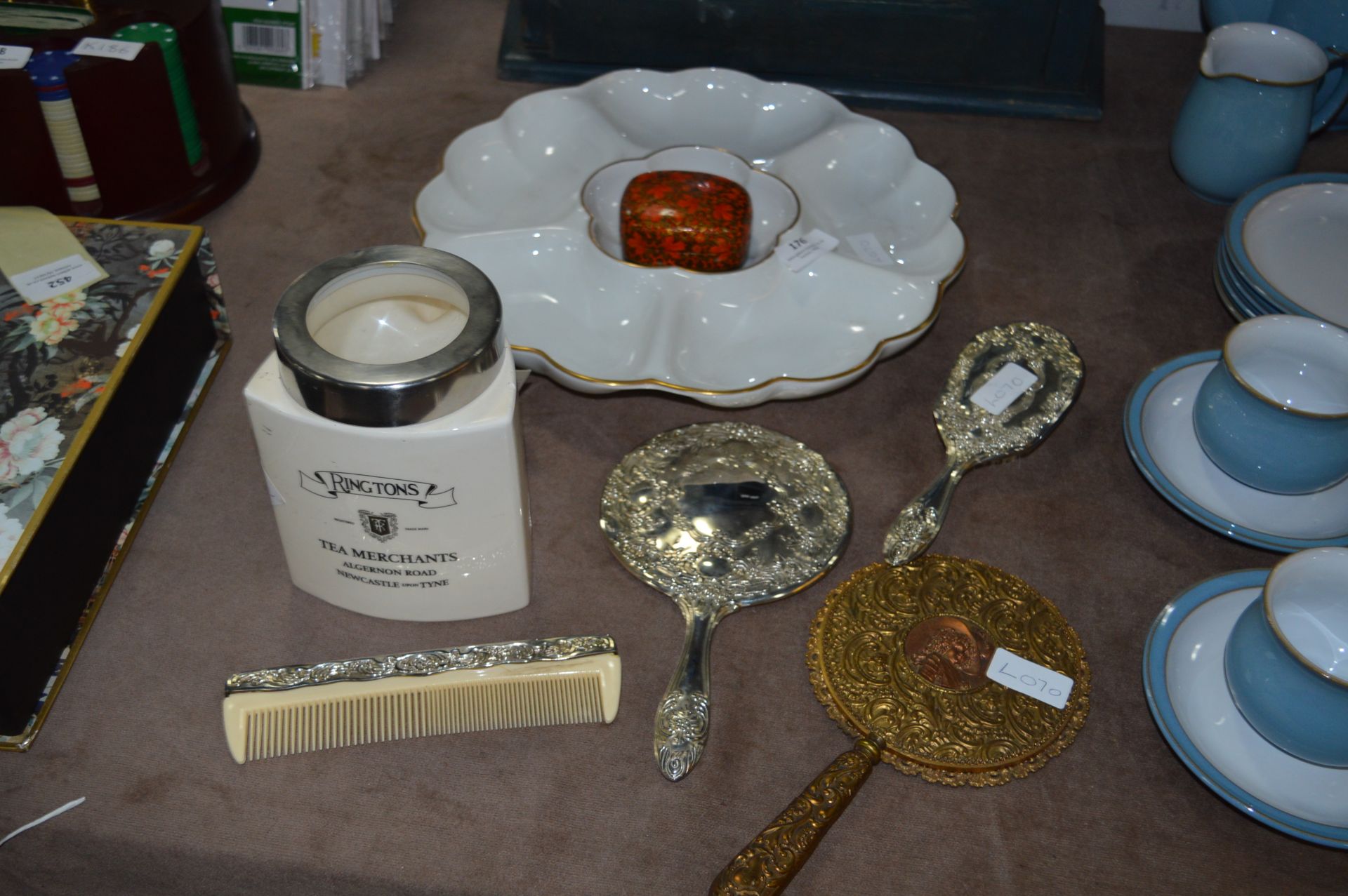 Royal Worcester White & Gold Dish, Vanity Set and a Ringtons Jar