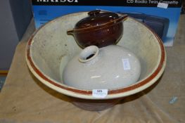 Cream and Brown Glaze Panchion and a Crackle Glaze Pot