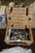 Wicker Hamper Basket and Contents of Cutlery