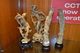 Four Ivory Effect Resin Japanese Figurines