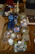 Table Lot; Masons Ginger Jar, Stoneware Pottery, Glassware, etc.