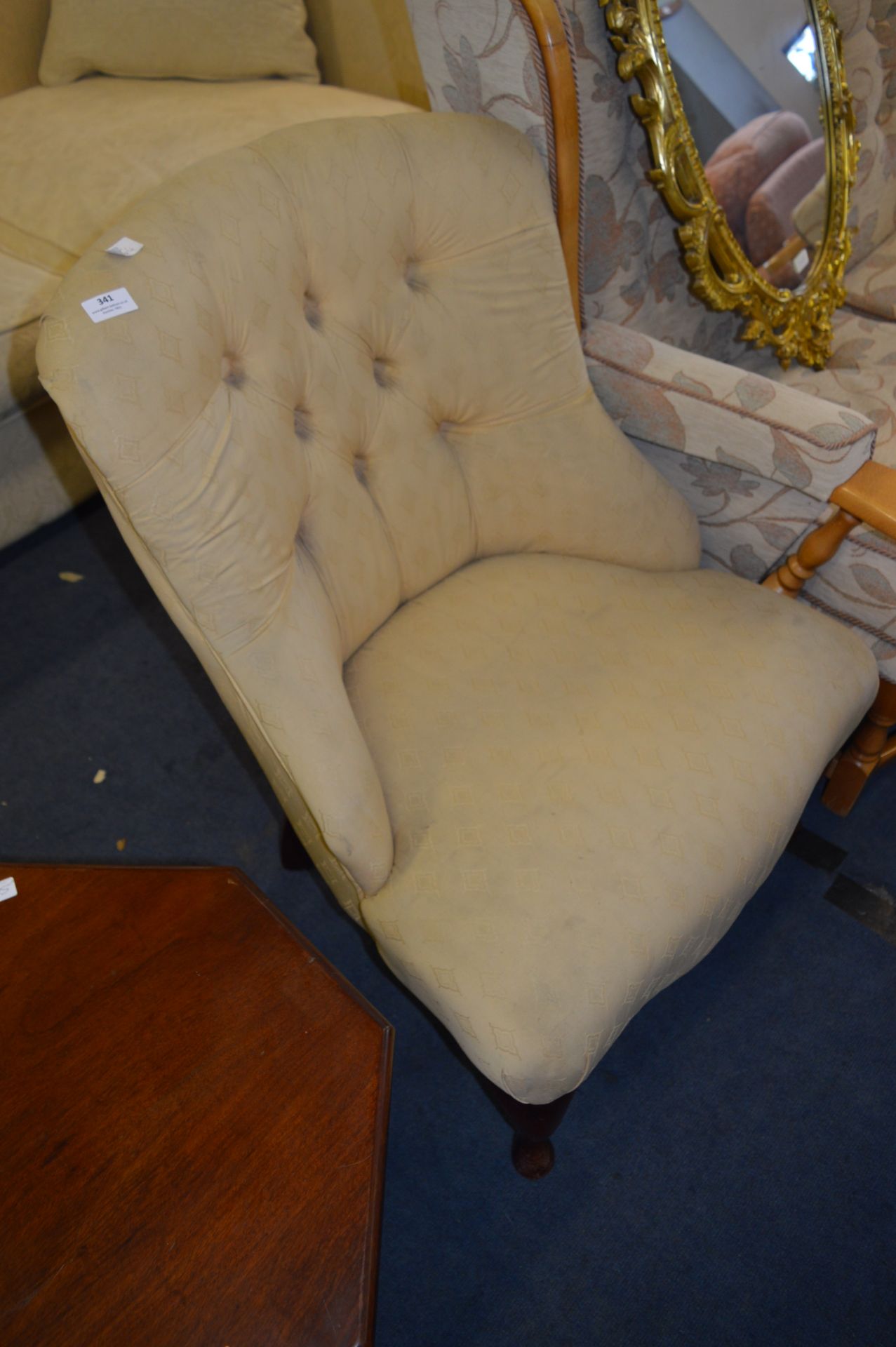 Upholstered Button Back Low Chair on Cabriole Legs