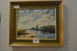 Framed Oil on Board "River Scene and Mill"