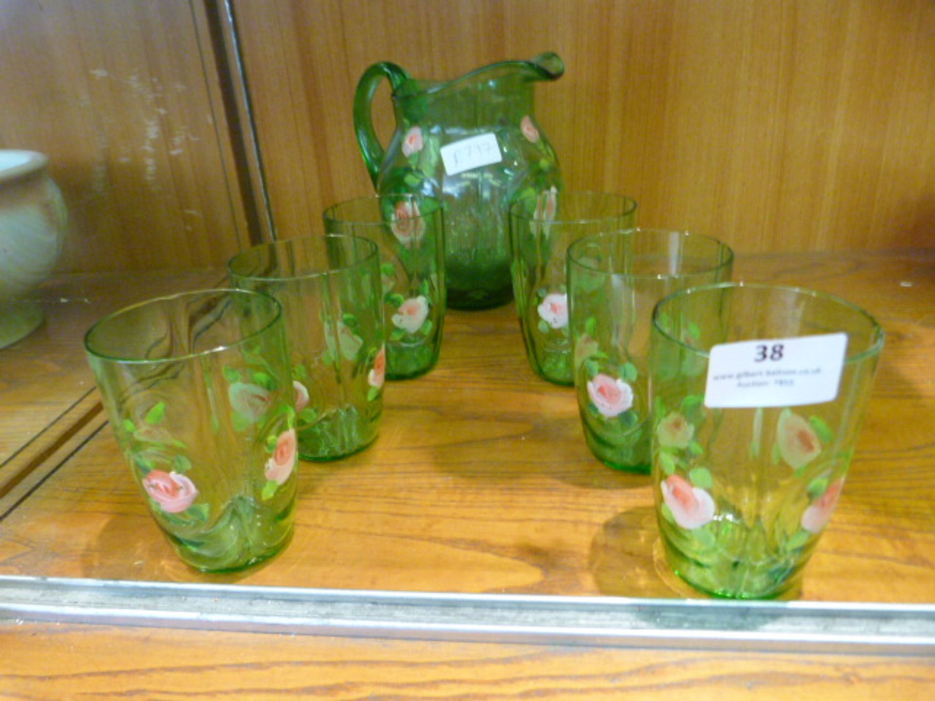 Green Glass Floral Painted Lemonade Set