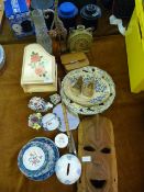 Table Lot; Jewellery Box, Victorian Plates, Ornaments, African Mask, etc.