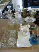 Table Lot of Cut Glass Decanters, Glass Vases, Beswick Cat, etc.