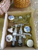 Box Containing Chrome Taps, Door Furniture and a Glass Condiment Set
