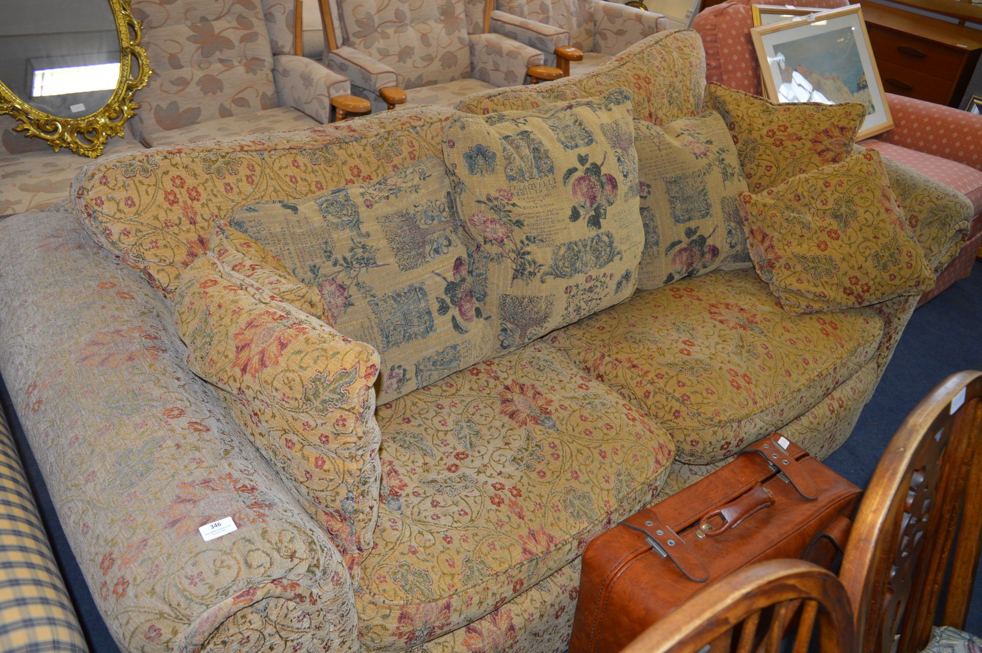 Floral Patterned Light Brown Low Back Sofa with Cushions