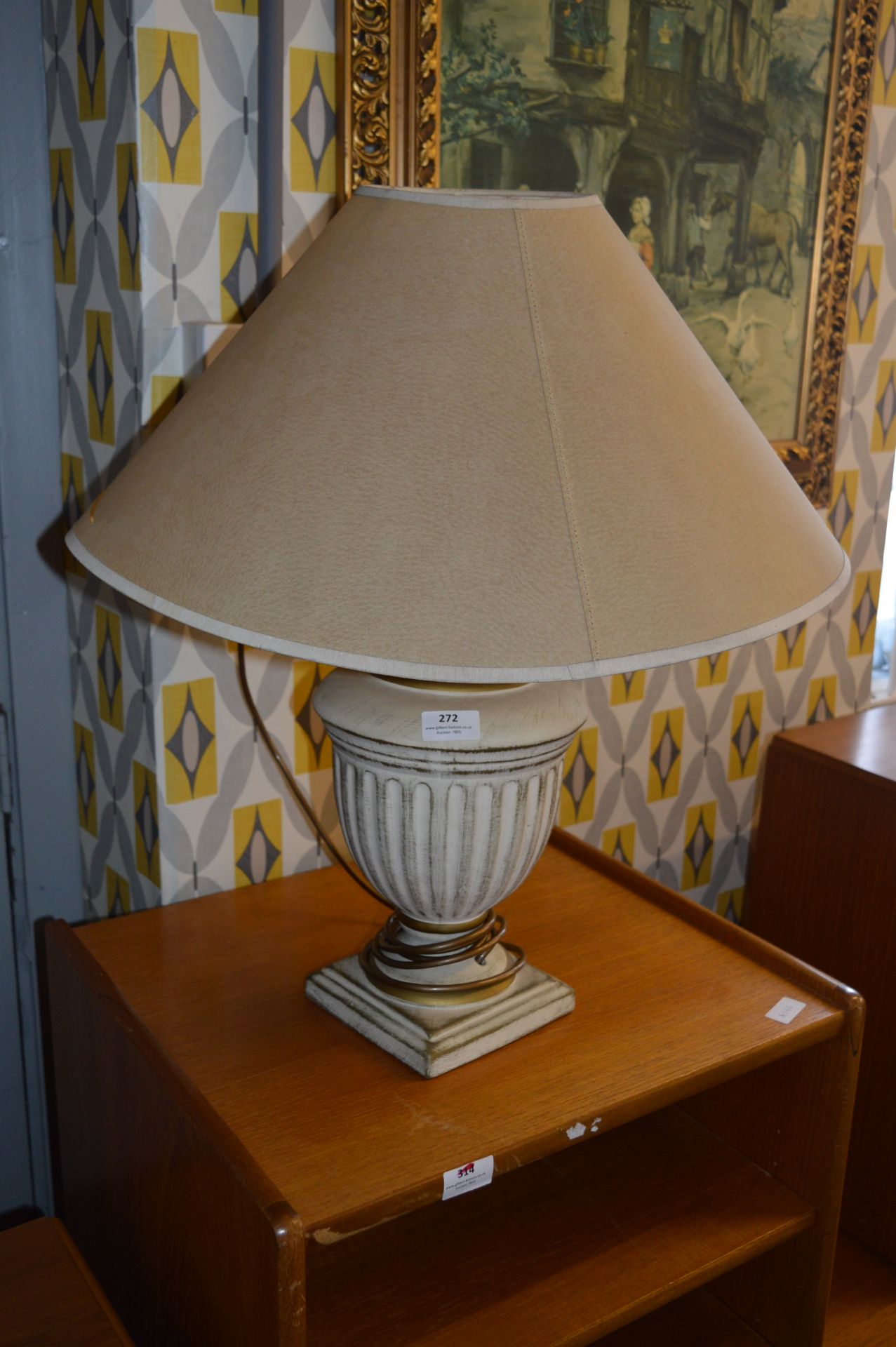 Cream and Gilt Pottery Table Lamp with Shade
