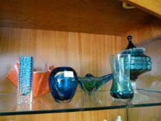 Selection of 1960's Coloured Glassware; Vases, Handkerchief Vase, Dish, Goblet, etc.