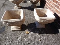 Pair of Reconstituted Limestone Garden Urns with Rose Decoration