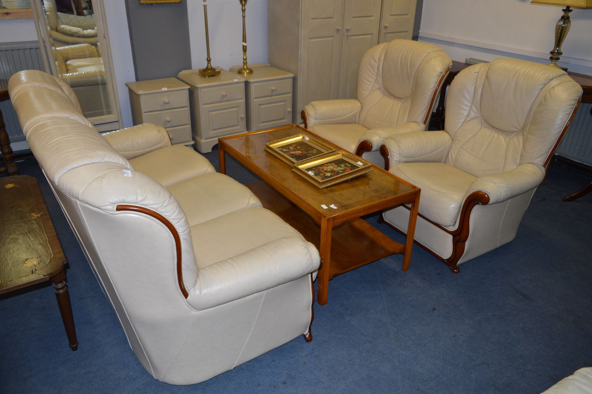 Cream Leather Suite; Three Seat Sofa and Two Armchairs
