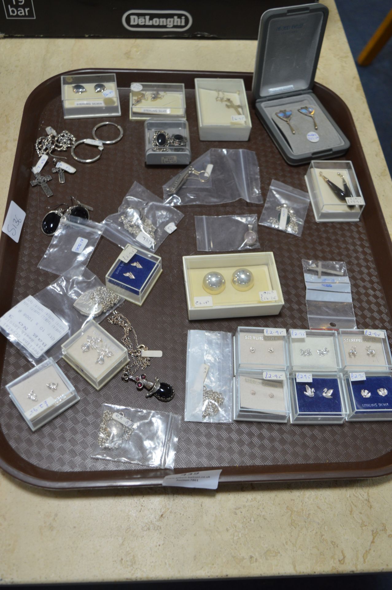 Tray Lot of Sterling Silver Jewelry; Earrings, Necklaces and a Pendant