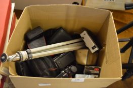 Box of Assorted Cameras, Flashes and Tripod etc.