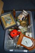 Box Containing Prints, Clocks, Brass Bell, Mugs, Decanter and Ornaments