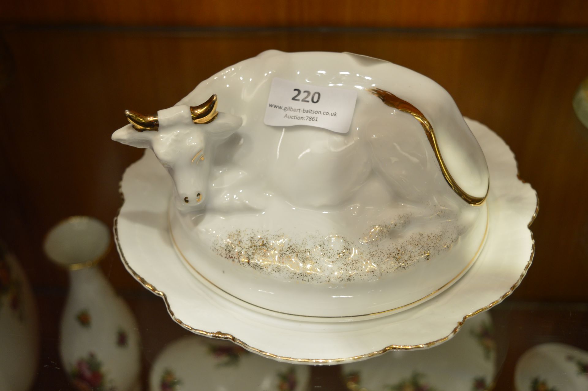 White Pottery & Gilt Cow Butter Dish