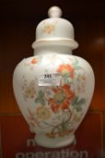 Large White Glass, Floral Decorated Lidded Urn