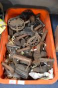 Box of Vintage Irons and Trivets