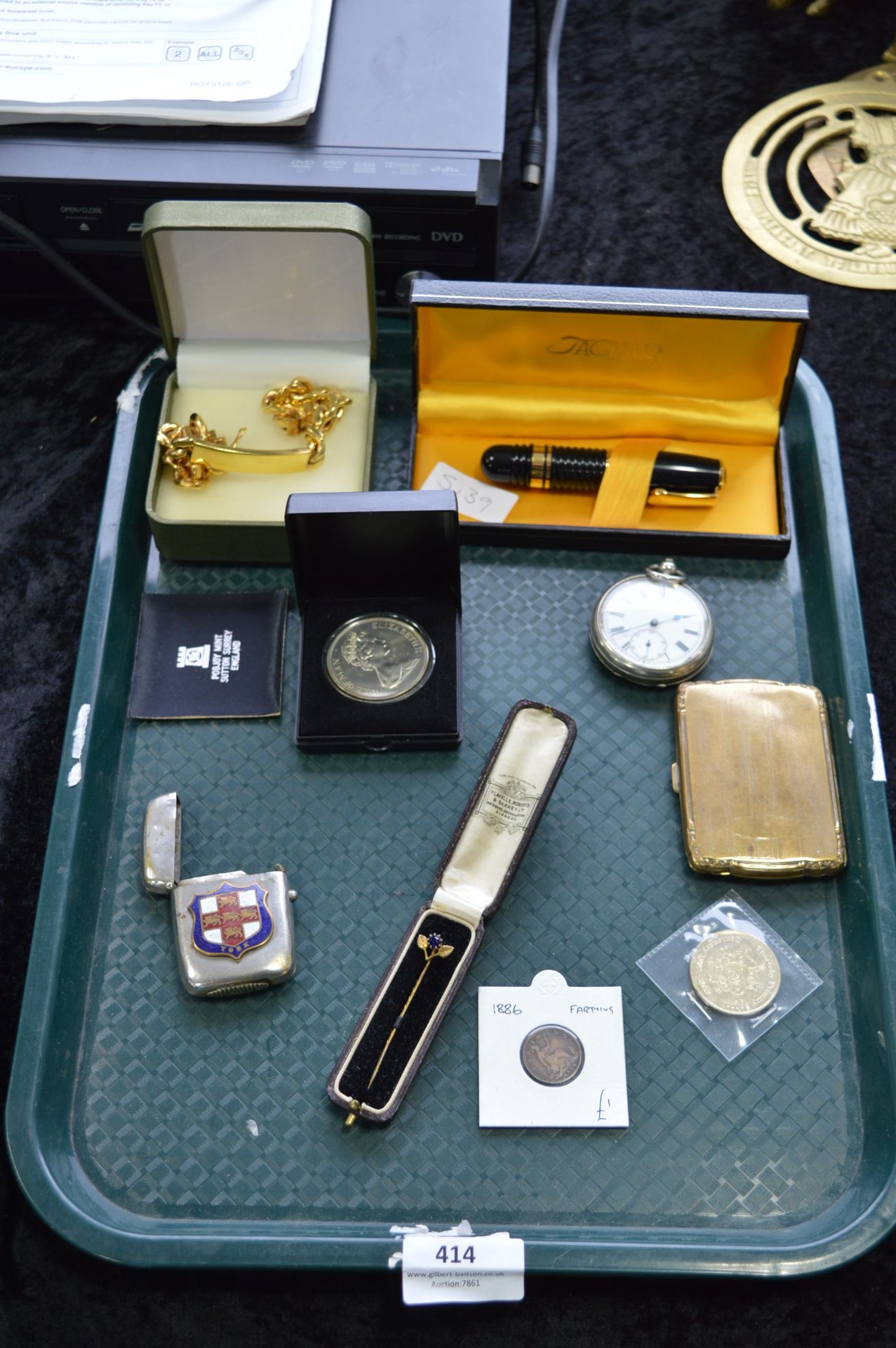 Tray Lot of Collectables; Coins, Cigarette Case, Pocket Watches, Gents Bracelet, Vester, etc.