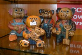 Four Carved Wood Painted Teddy Bears