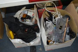 Two Boxes Containing Cameras, Accessories, Scart Leads, Hair Dryers, etc.