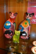Three Painted Pottery Cat Ornaments