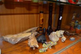 Assortment of Cat Figurines, Frogs, Candlesticks,