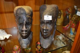 Pair of African Carved Ebony Busts