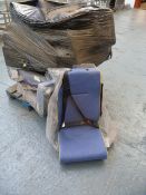 *Pallet of Blue Upholstered Vehicle Seats with Yellow Piping and Three Point Safety Harnesses