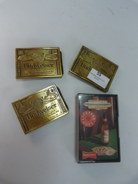 Three Budweiser Brass Belt Buckles and a American