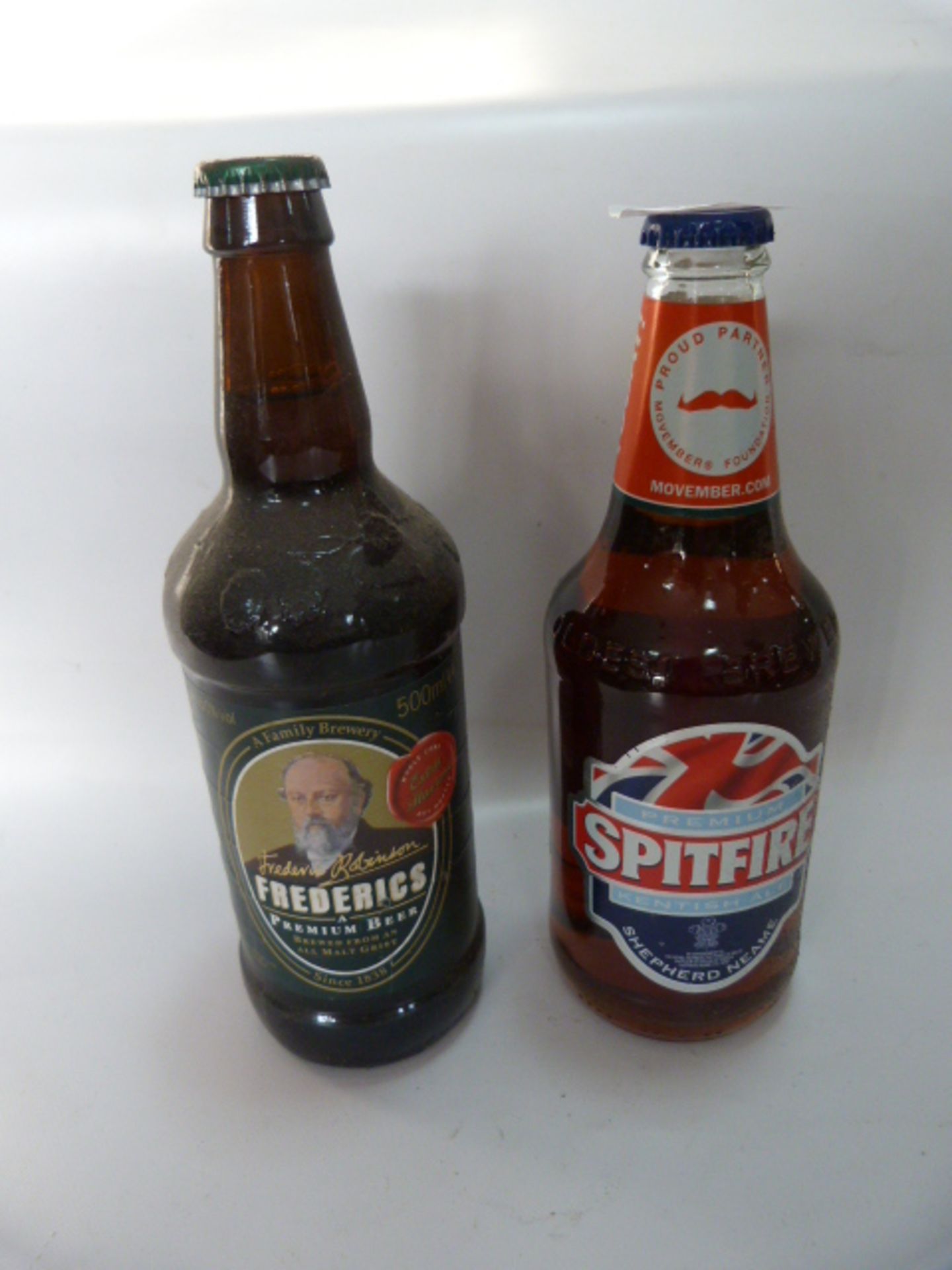 Two Bottles of Frederick's Premium Beer and Spitfire Kentish Ale 500ml