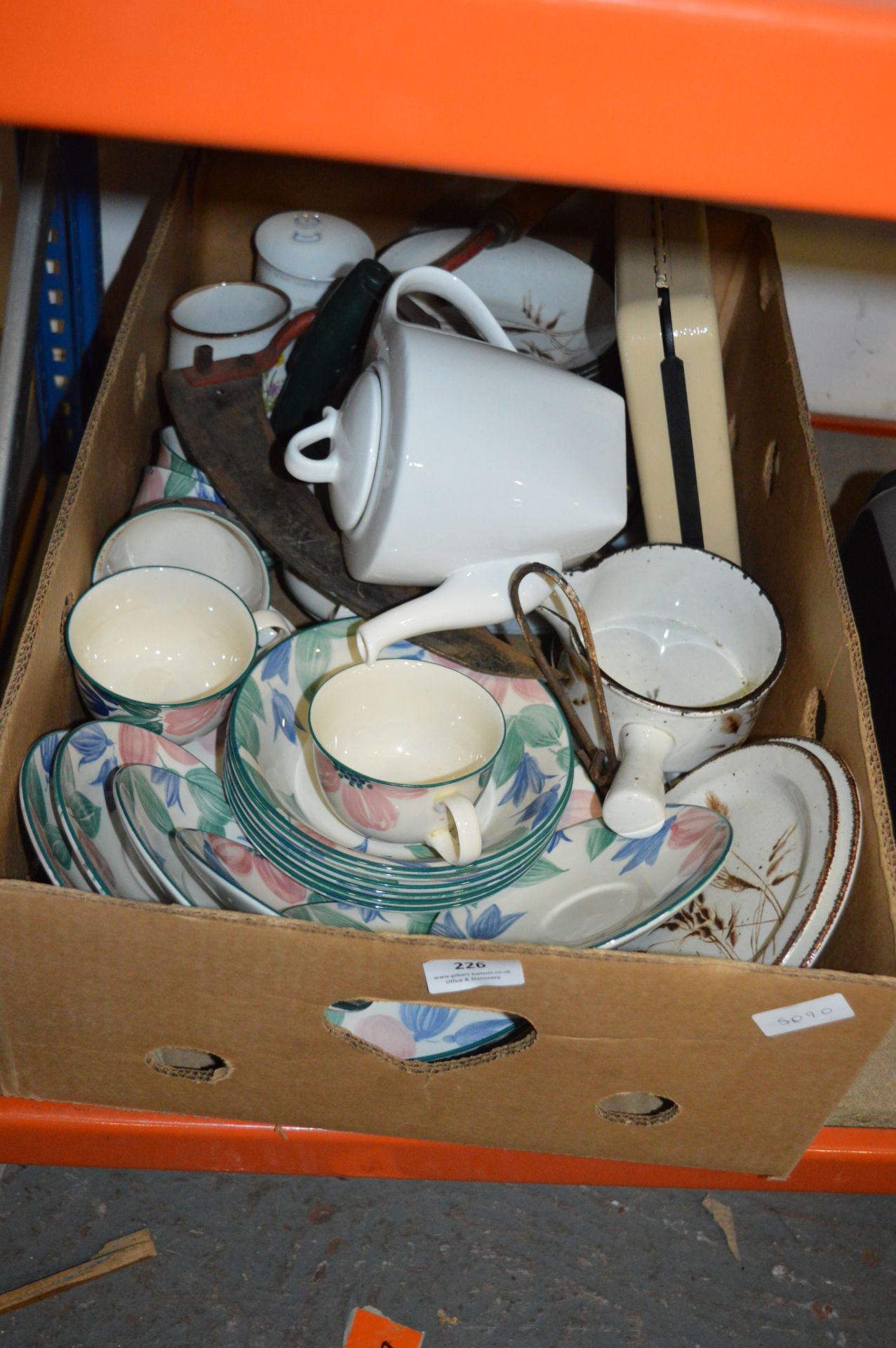 Box of Assorted Crokery, Teapots, Key Cabinet, etc