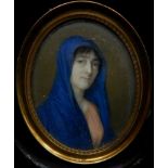 19thC Continental School. Woman in blue shawl, punting, miniature, 6.5cm x 5cm