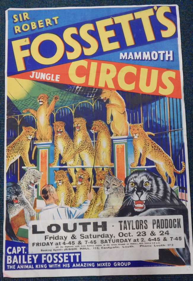 A Sir Robert Fossett's Marathon Jungle circus poster, for Taylor's paddock, Louth, featuring Captain