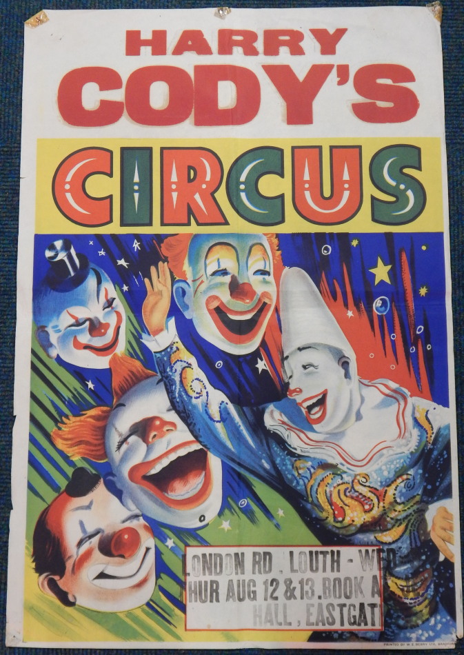 A Harry Cody's Circus poster, for London Road, Louth, depicting clowns on colourful backgrounds,