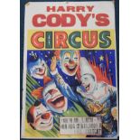 A Harry Cody's Circus poster, for London Road, Louth, depicting clowns on colourful backgrounds,