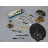 Miscellaneous items, to include hat pins, a simulated tortoiseshell comb, a studs box, some manicure