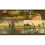 20thC School. Scenes of Robin Hood, oil on board, four works, the largest 61cm x 112cm Provenance: