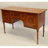 An early 19thC small mahogany sideboard, the rectangular top with a broad boxwood band and rounded