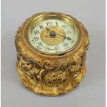 A late 19th/early 20thC French style gilt metal table clock, the enamel style dial with Arabic