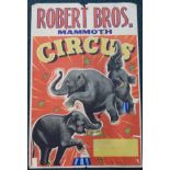 A Robert Brothers Mammoth Circus poster, depicting elephants on coloured background, 51cm x 76cm.