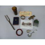 Miscellaneous items, to include a leather and silver plated hip flask, a horn beaker, a Queen